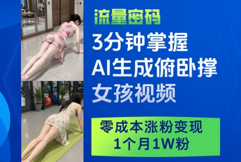 3分钟掌握AI生成俯卧撑女孩视频，零成本涨粉变现，1个月1W粉-梦清网创