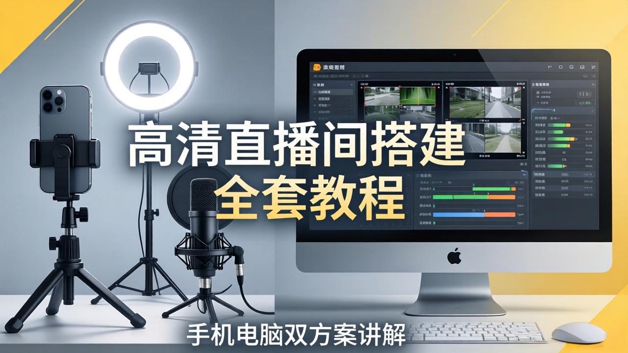 高清直播间搭建全套教程,手机电脑双方案讲解,设备选型调试多机位实操教学-梦清研习社