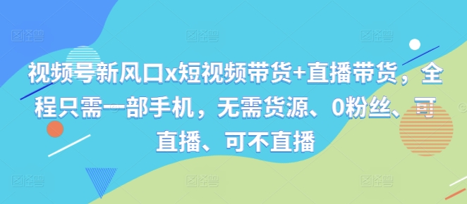 视频号新风口x短视频带货+直播带货，全程只需一部手机，无需货源、0粉丝、可直播、可不直播-梦清网创