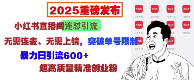 2025重磅发布：小红书直播间连怼引流，无需连麦、无需上镜，突破单号限制，暴力日引流600+-梦清网创