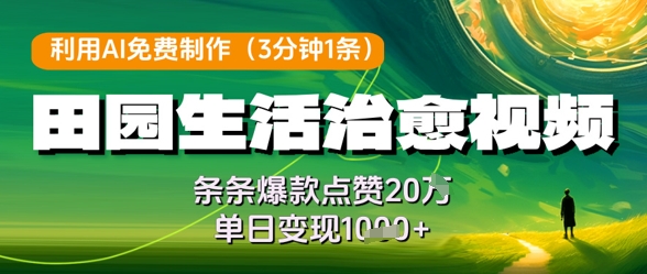 利用AI免费制作田园生活治愈视频，条条爆款点赞20W，单日变现几张-梦清网创