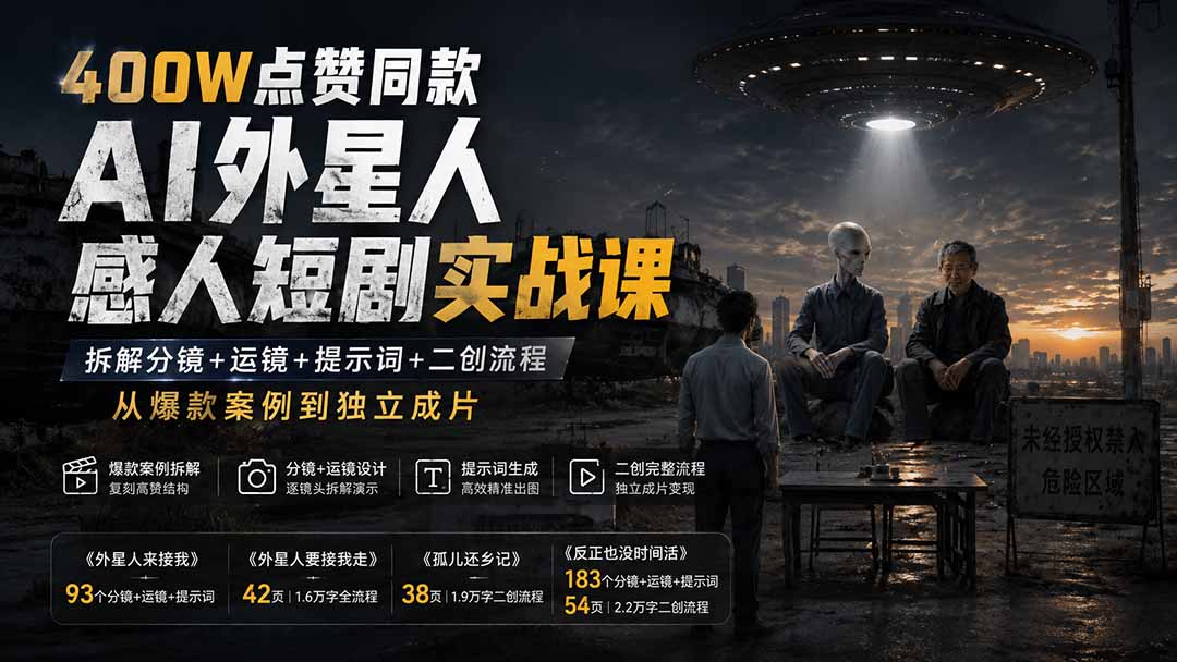 400W点赞同款AI外星人感人短剧实战课:拆解分镜+运镜+提示词+二创流程,从爆款案例到独立成片-梦清研习社