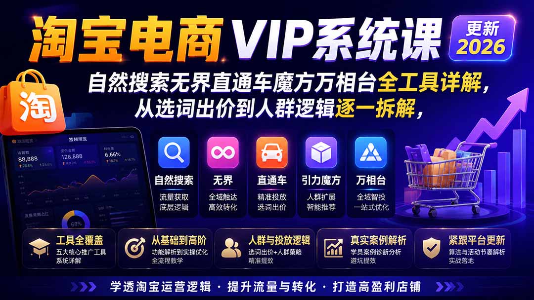 2026淘宝电商终局之战VIP课-更新1022:自然搜索+直通车+无界+精准人群,系统掌握测款动销与全店推广布局方法-梦清研习社
