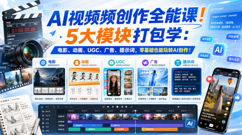 AI视频频创作全能课!5大模块打包学:电影、动画、UGC、广告、提示词,零基础也能玩转AI创作!【原创双语字幕】-梦清研习社