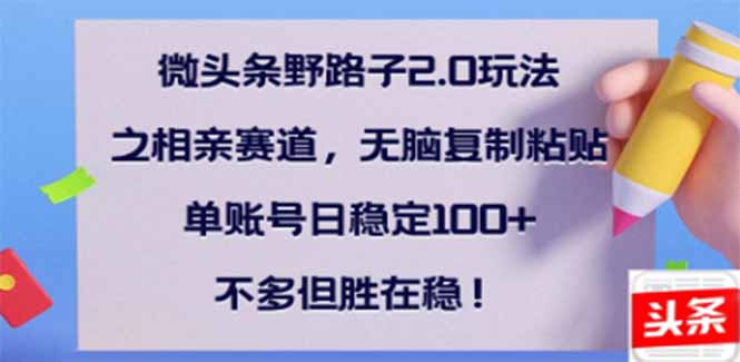 微头条野路子2.0玩法之相亲赛道，无脑搬砖复制粘贴，单账号日稳定300+…-梦清网创