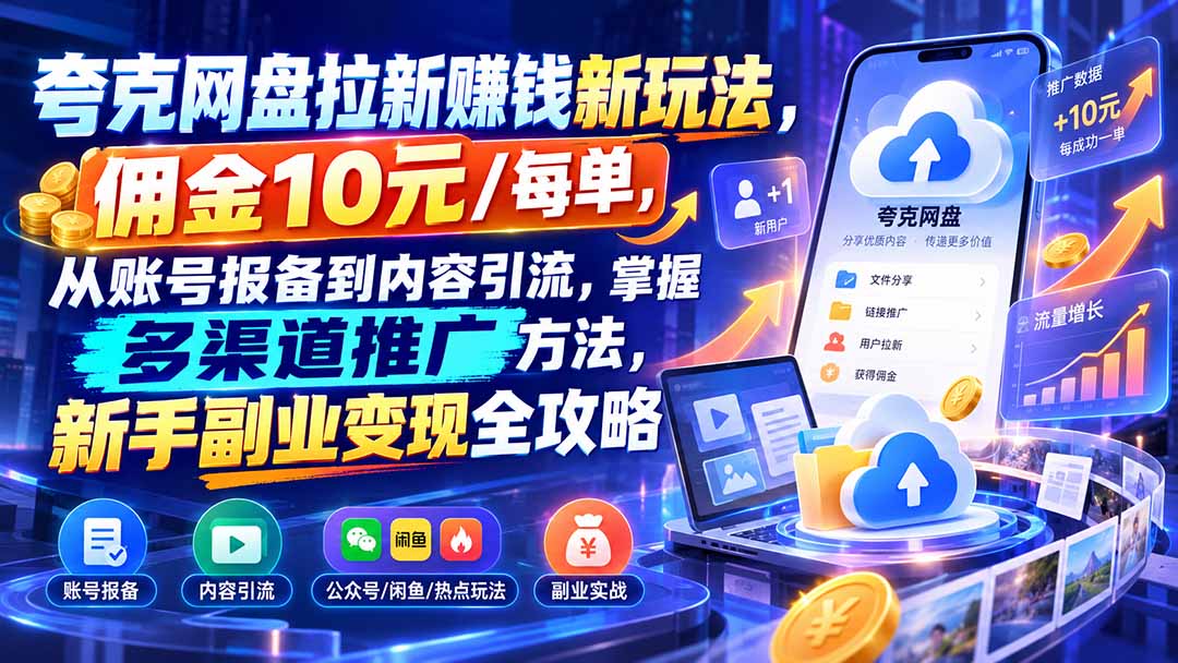 夸克网盘拉新赚钱新玩法,佣金10元/每单,从账号报备到内容引流,掌握多渠道推广方法,新手副业变现全攻略-梦清研习社
