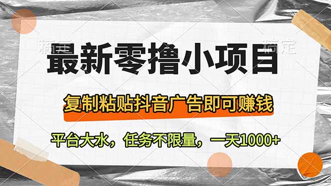 最新零撸小项目，复制粘贴抖音广告即可赚钱，平台大水，任务不限量，一…-梦清网创