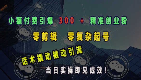 小额付费引爆 300 + 精准创业粉，零剪辑、零复杂起号，话术撬动被动引流，当日实操即见成效-梦清网创