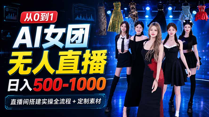 AI 女团无人直播,躺入500-1000每天,直播间搭建实操全流程+定制素材-梦清研习社